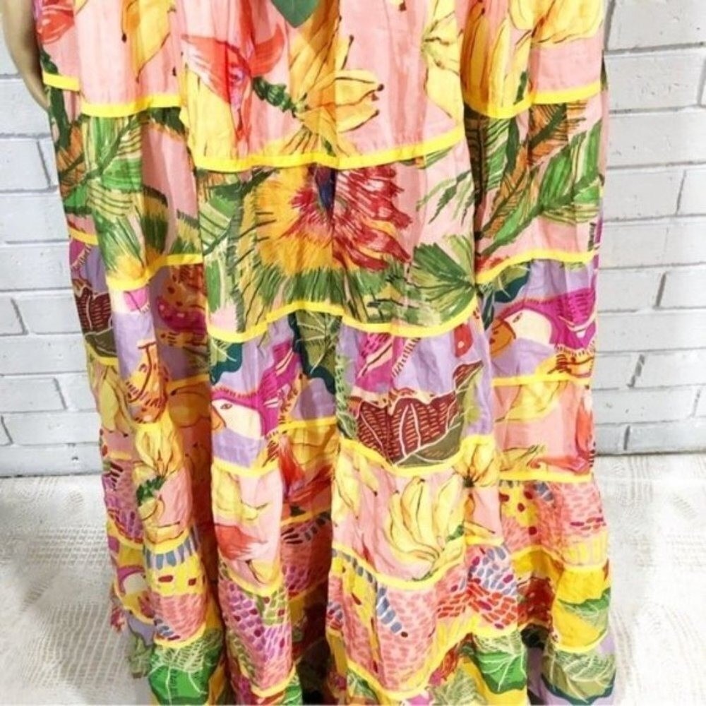 Farm Rio Mixed Pink Prints Maxi Dress Tropical Banana Tiered Halter Multi S - Picture 16 of 16